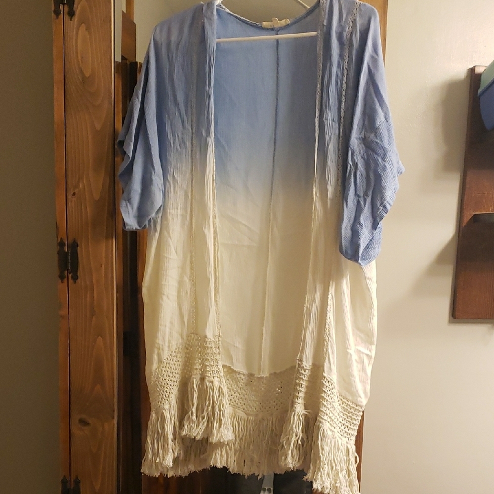 Blue and White Ombre Kimono with Fringe